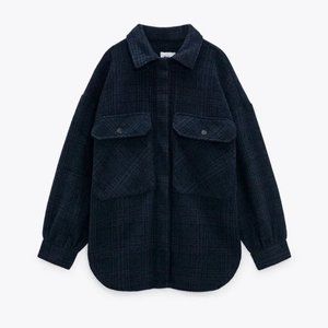 Zara Plaid Overshirt Shacket Navy Blue NWT Fall Flannel Style Jacket